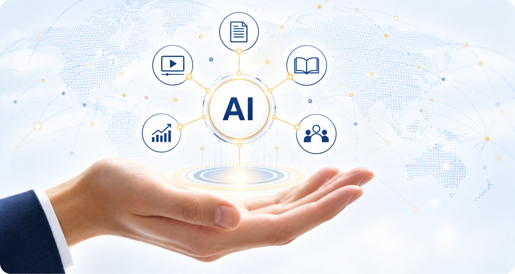 A hand holding a glowing AI interface