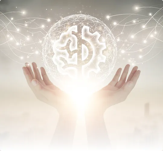 Open hands holding a glowing brain-and-gear symbol, representing AI-driven learning.