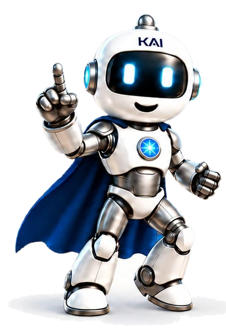 KAI, the mon'k publishing super agent, drawn as a friendly robot in a blue cape.