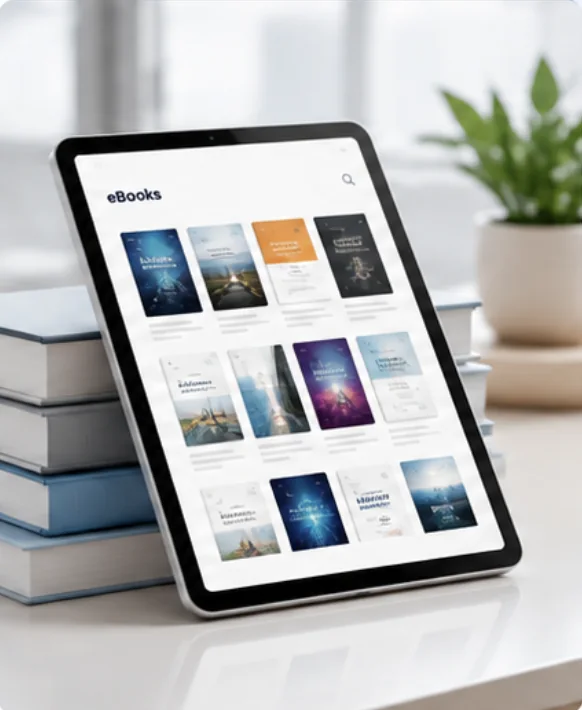 The mon'k eBooks library open on a tablet.
