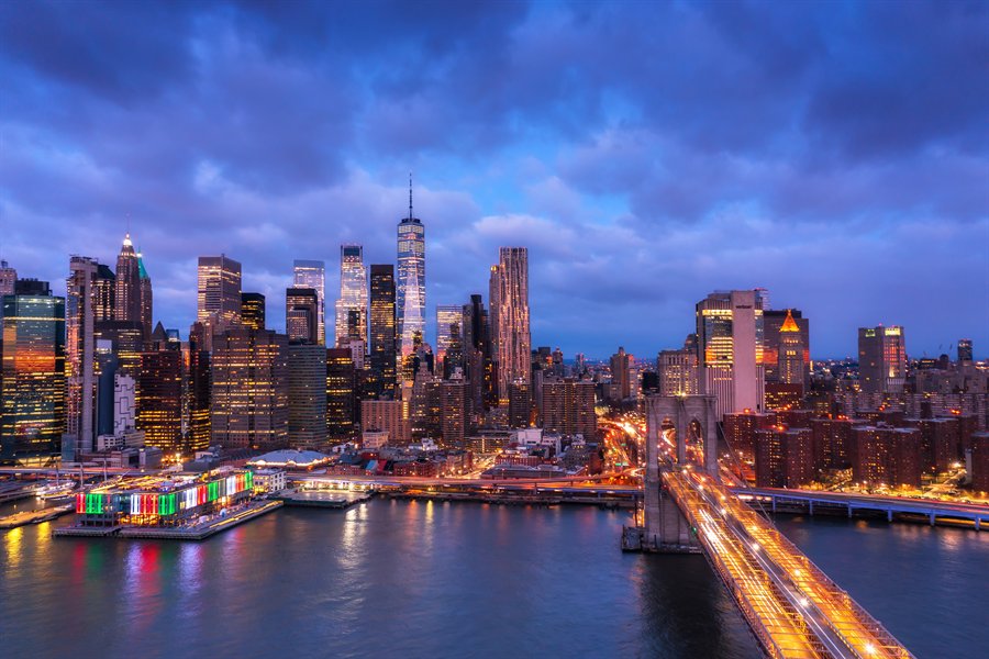 The New York skyline at dusk.