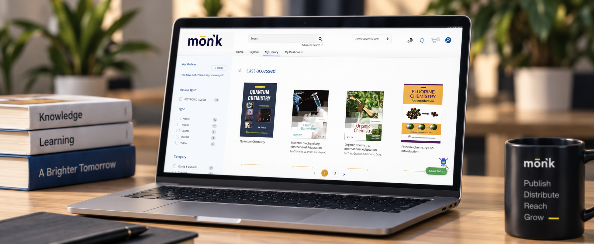 The mon'k reader showing a book cover, contents and highlighted passage on a laptop.