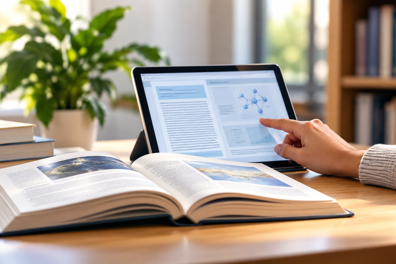 An open book on a desk beside a laptop