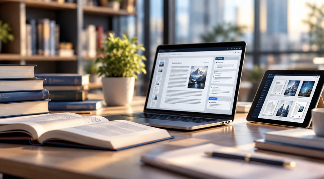 A desk with an open book, a laptop and a tablet showing the same article